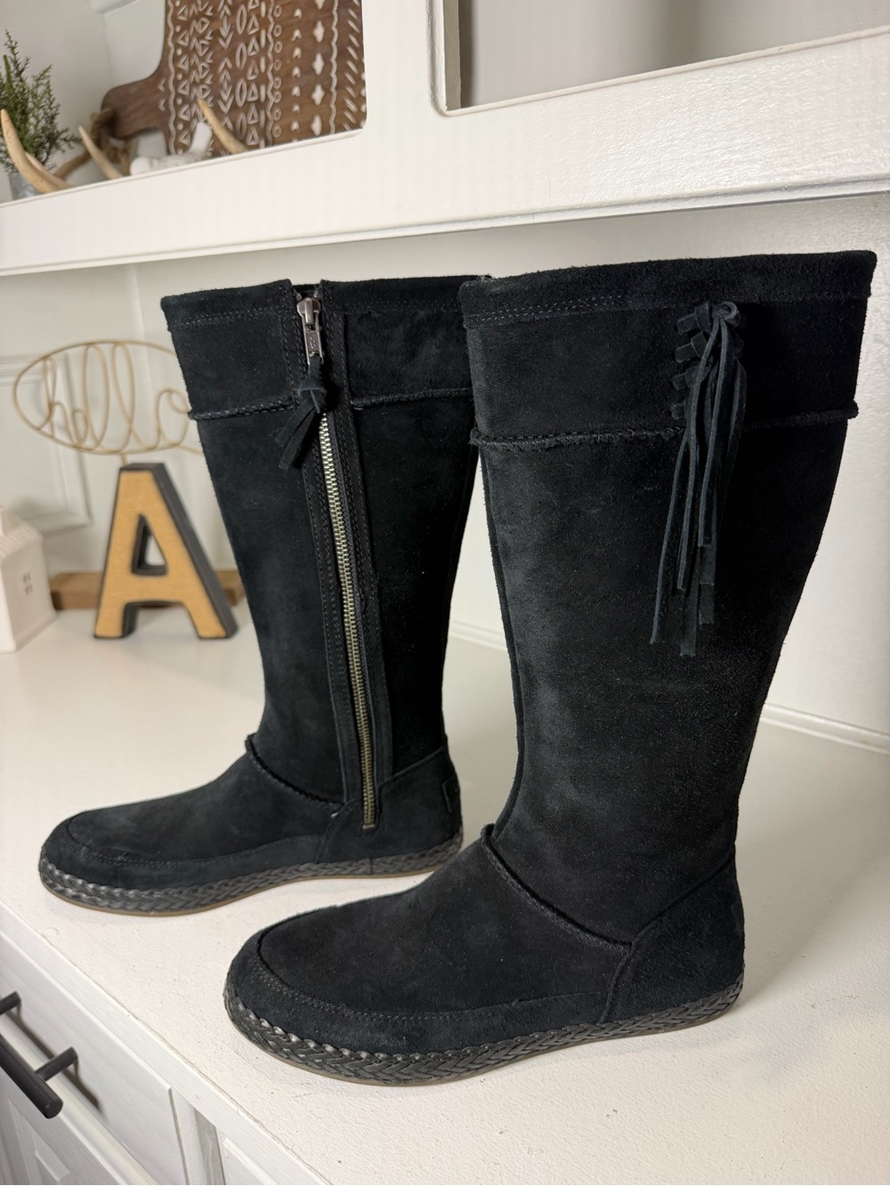 UGG Womens 7 Black Suede Tall Boots Side Zip Fringe Tassel Classic Fall
